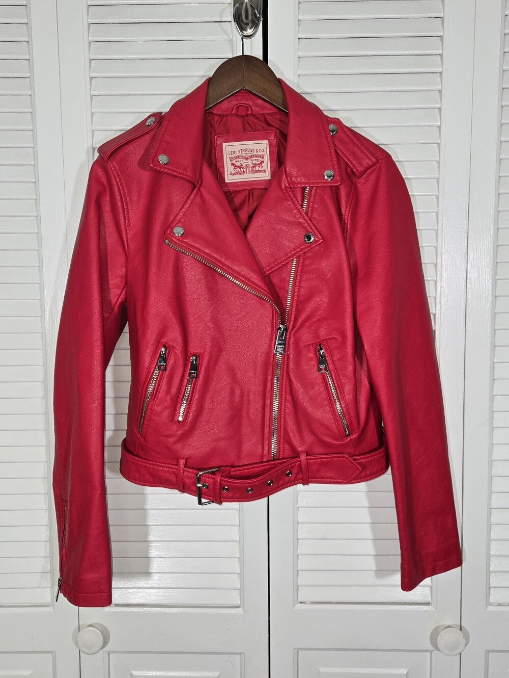 Levi Strauss Red Faux Leather Moto Jacket Belted Waist Asymetrical Zipper Sz M
